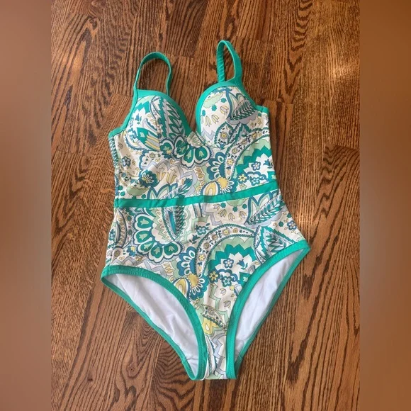 Boden Women's Emerald Foliage Paisley Colour Pop Cup Size 36B one piece Swimsuit - Picture 1 of 6